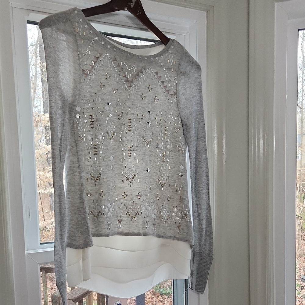 Deco look embellished Gray Knit Sweater with White Layered Hem